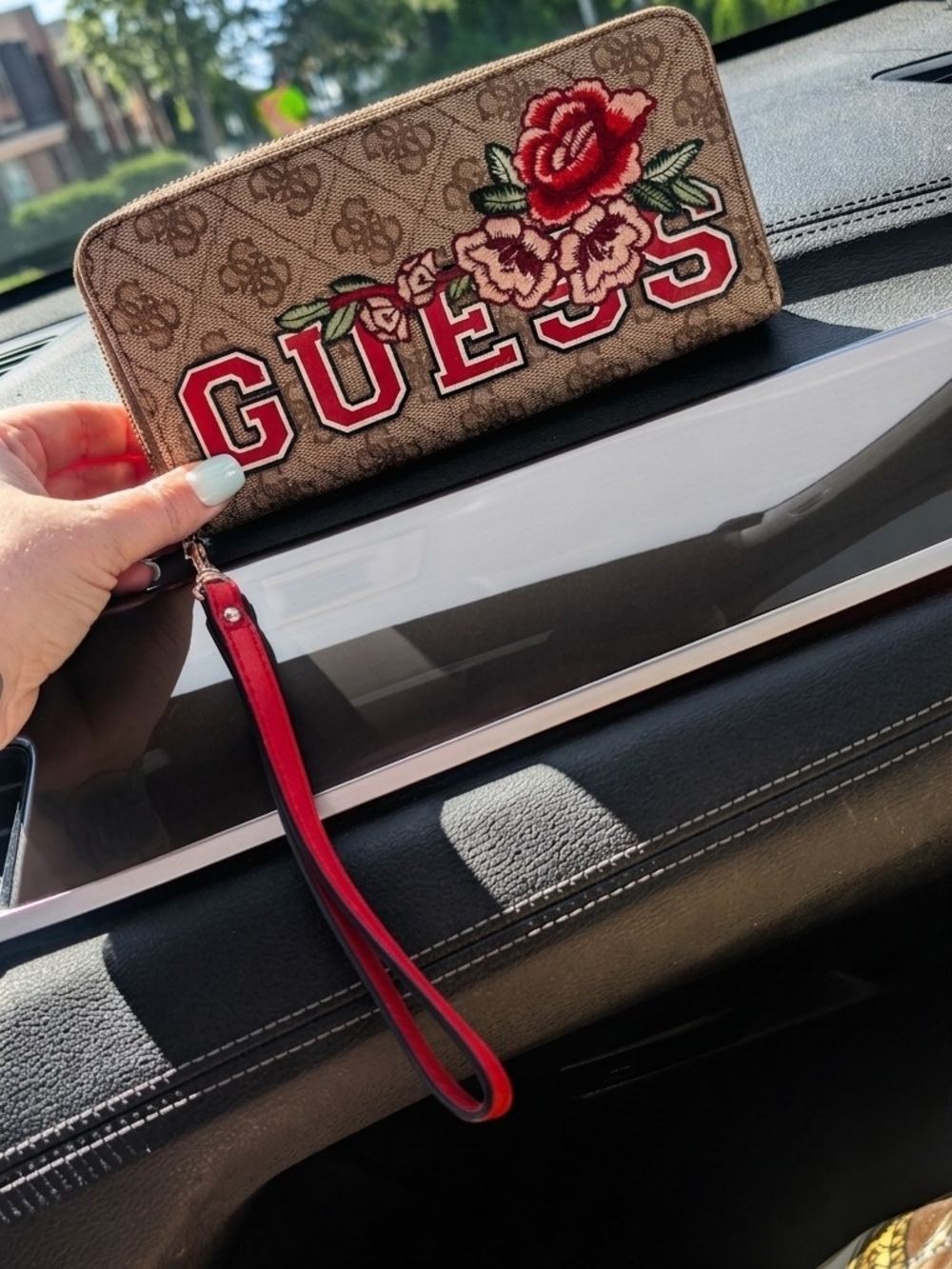 Guess Brown Logo Wristlet with Red Floral Patch and Strap